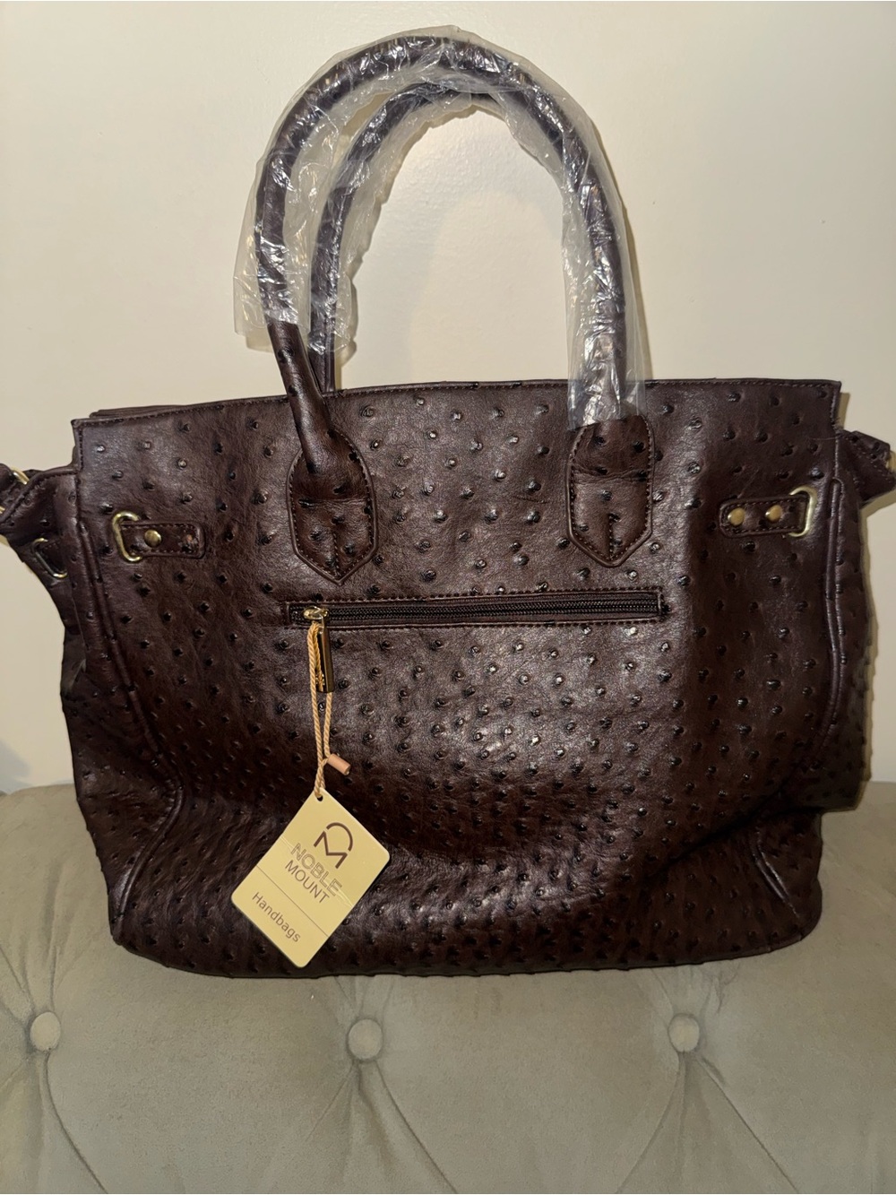 Women's Dark Brown Ostrich-Effect Tote Bag with Gold Hardware - Picture 2 of 6